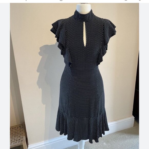 Karen Millen Black White Ruffle Keyhole Tie Neck Dress Size 6 - Picture 1 of 8